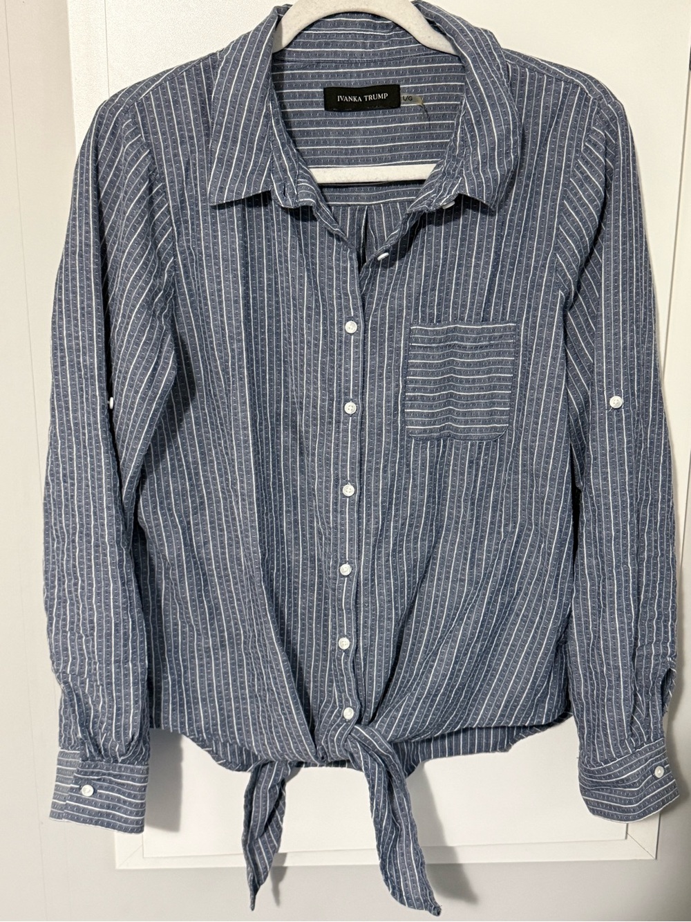 Ivanka Trump Cotton Navy and White Striped Tie-Front Button-Down Shirt Coastal